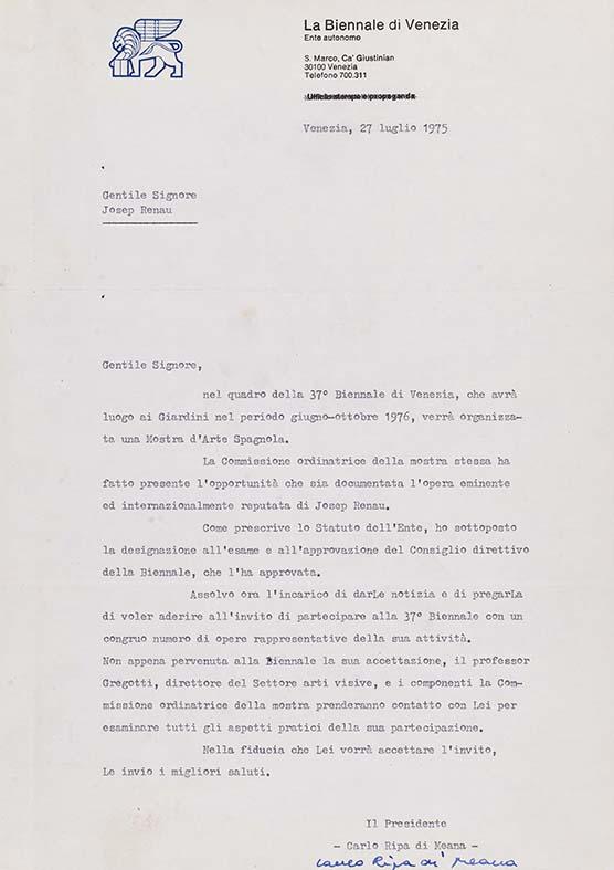 A letter from Carlo Ripa di Meana to Josep Renau
