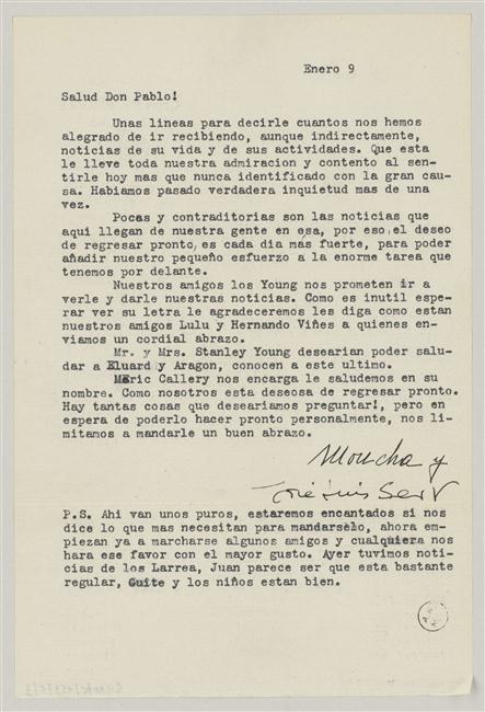 Carta de Josep Lluís Sert a Pablo Picasso de alrededor del 9 de enero de 1939