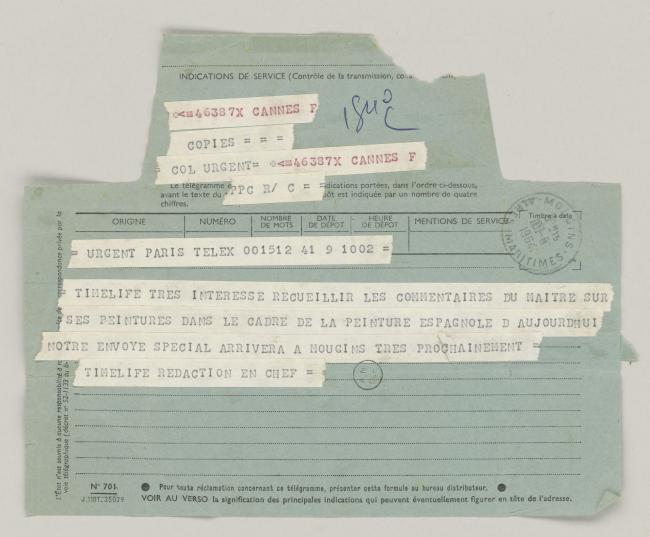 Telegrama del redactor jefe de Timelife a Pablo Picasso