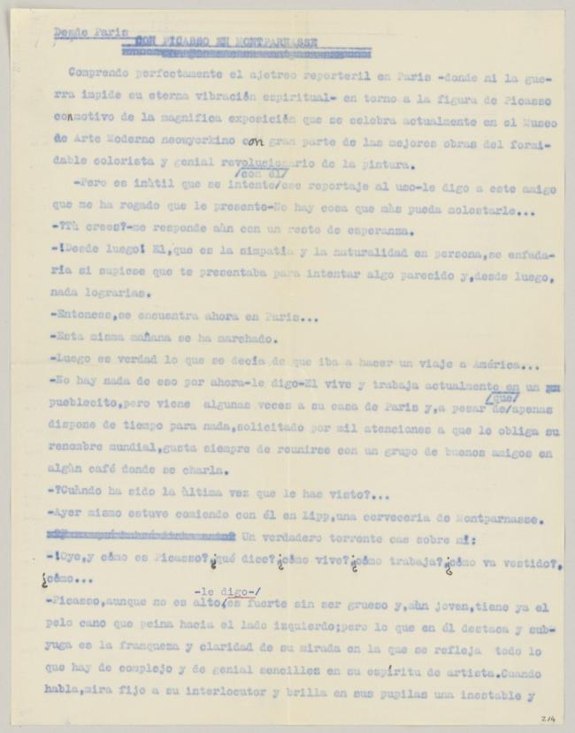 Carta de Francisco de Troya a Pablo Picasso del 23 de diciembre de 1939
