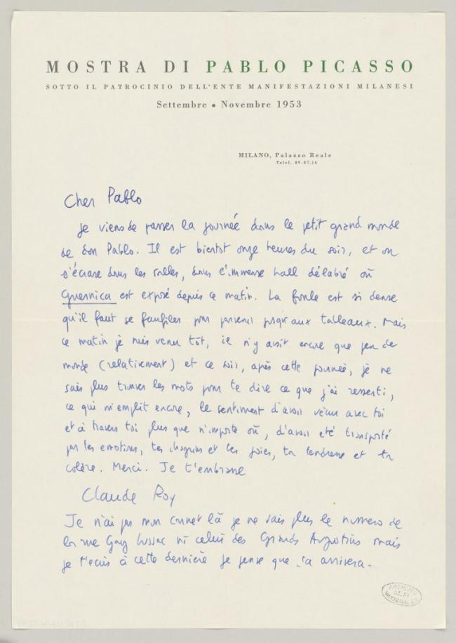 Carta de Claude Roy a Pablo Picasso de noviembre de 1953