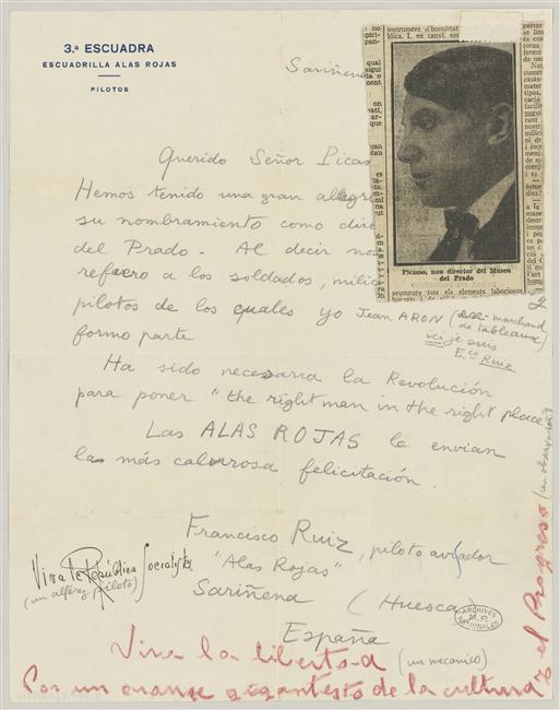 Carta de Francisco Ruiz (Jean Aaron) a Pablo Picasso