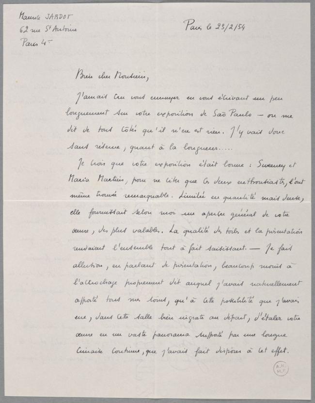 Carta de Maurice Jardot a Pablo Picasso del 23 de febrero de 1954