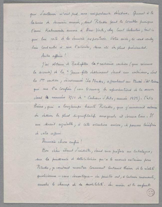 Carta de Maurice Jardot a Pablo Picasso del 20 de septiembre de 1953