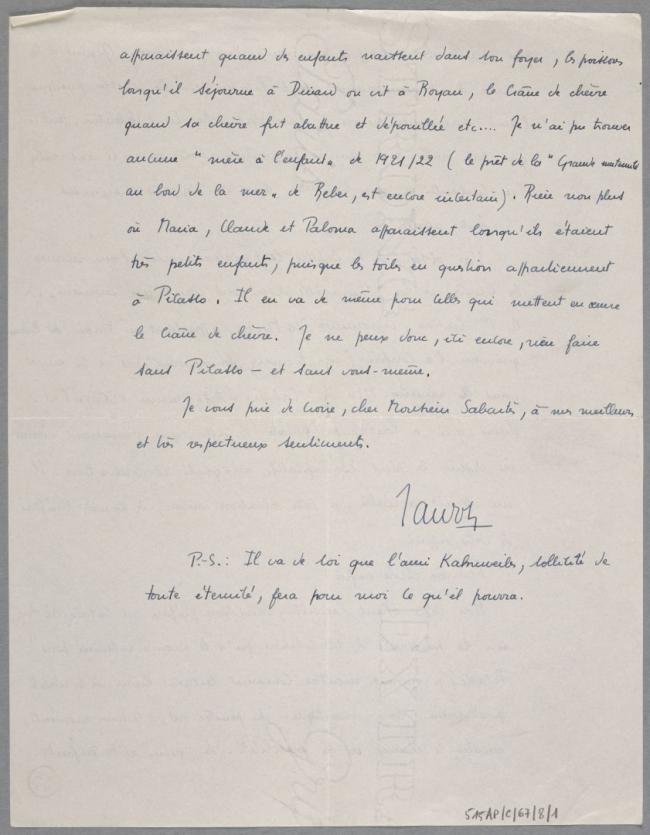 Carta de Maurice Jardot a Pablo Picasso del 20 de septiembre de 1953