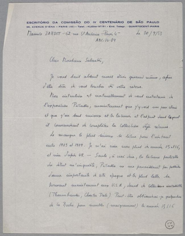 Carta de Maurice Jardot a Pablo Picasso del 20 de septiembre de 1953