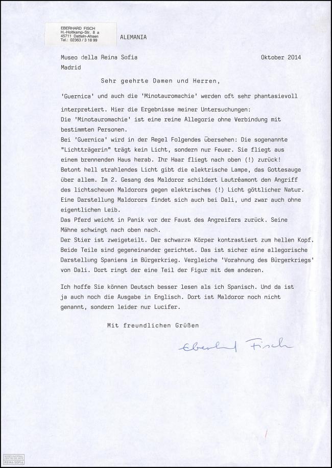 Carta de Eberhard Fisch al Museo Reina Sofía