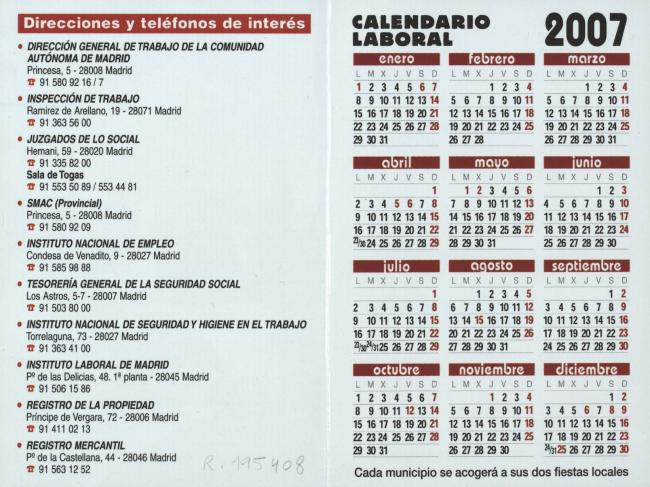 Calendario laboral de Comisiones Obreras