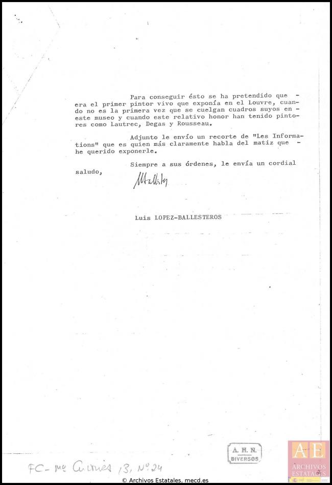 Carta de Luis López Ballesteros a Alfredo Sánchez Bella