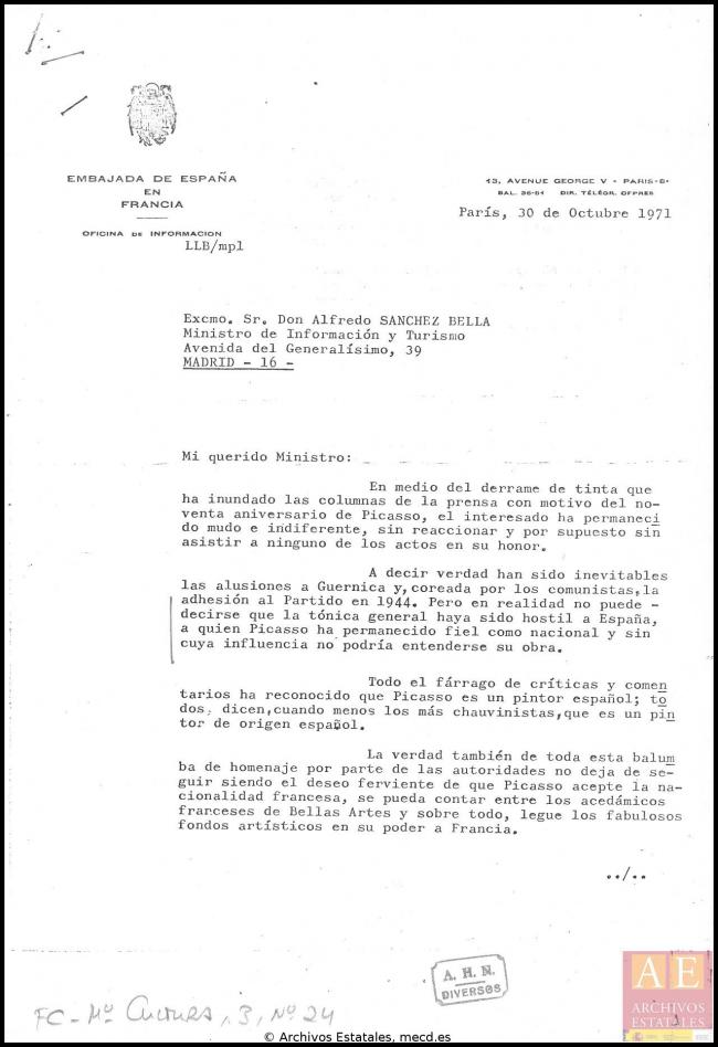 Carta de Luis López Ballesteros a Alfredo Sánchez Bella