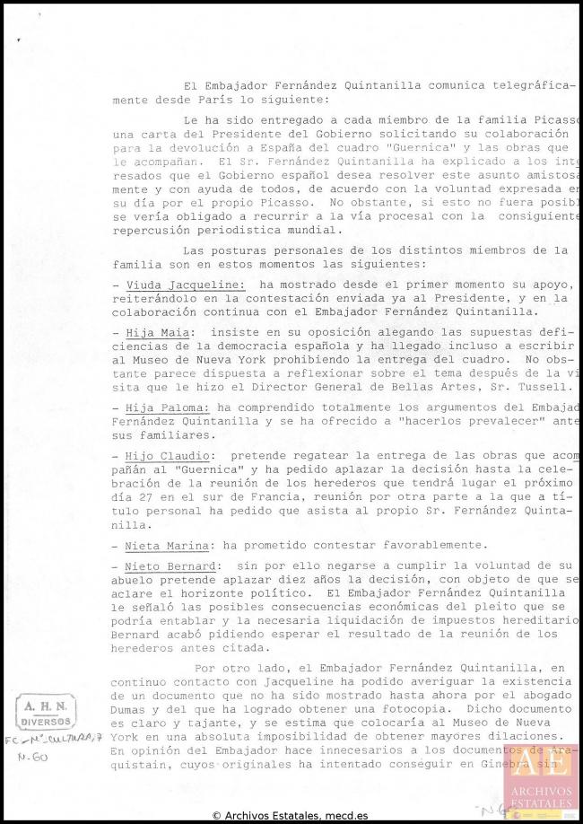 Comunicación de Rafael Fernández Quintanilla sobre la postura de los herederos de Pablo Picasso