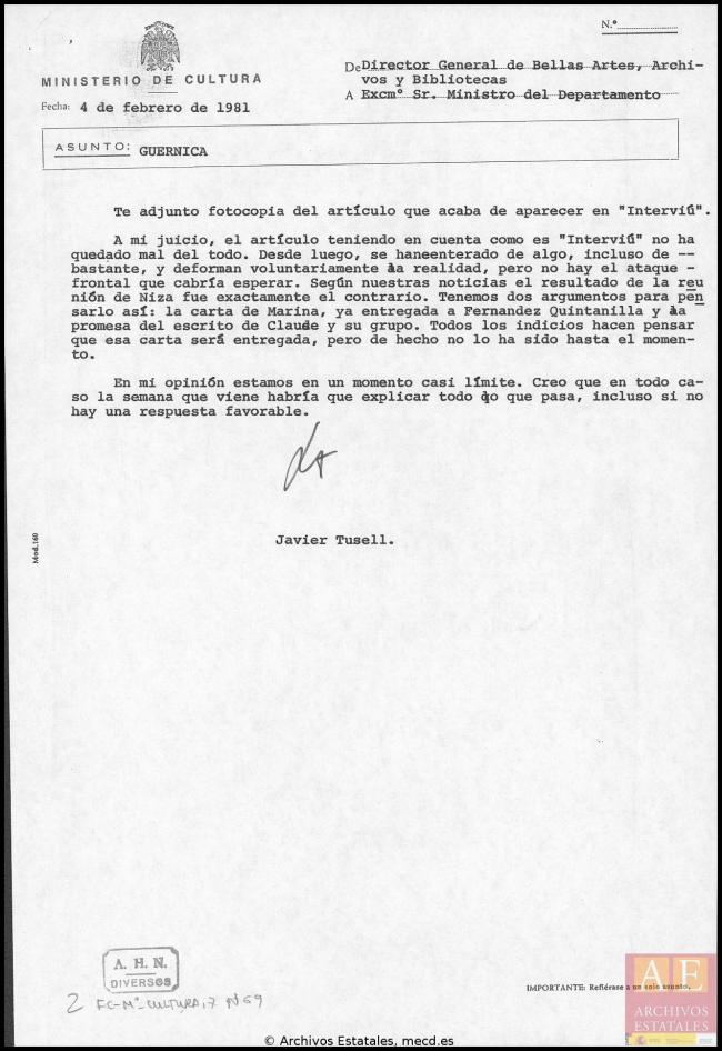 Carta de Javier Tusell a Íñigo Cavero del 4 de febrero de 1981