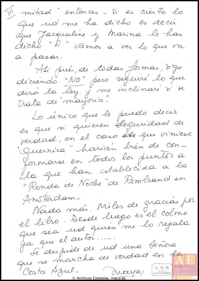 Carta de Maya Picasso a Javier Tusell