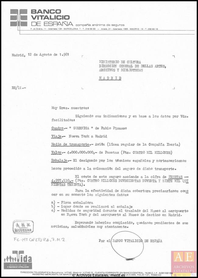 Presupuesto del seguro del traslado de Guernica a españa