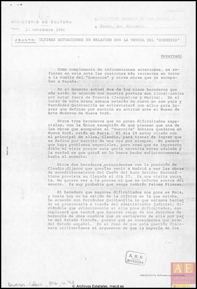 Carta de Javier Tusell a Íñigo Cavero del 13 de noviembre de 1980
