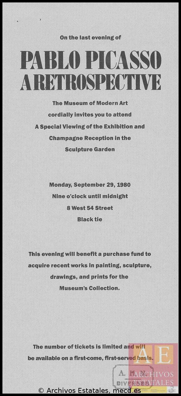 EN Invitación a la recepción y visita especial a la exposición «Picasso: a retrospective»