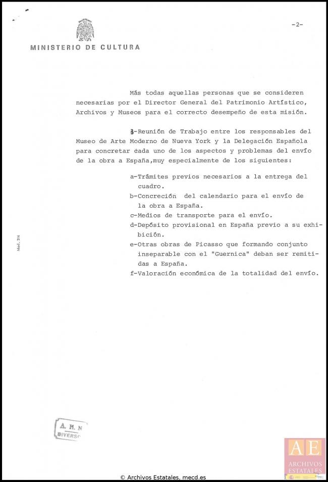 Informe de necesidades relativas al traslado de Guernica desde Nueva York a España