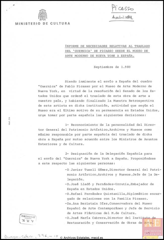 Informe de necesidades relativas al traslado de Guernica desde Nueva York a España