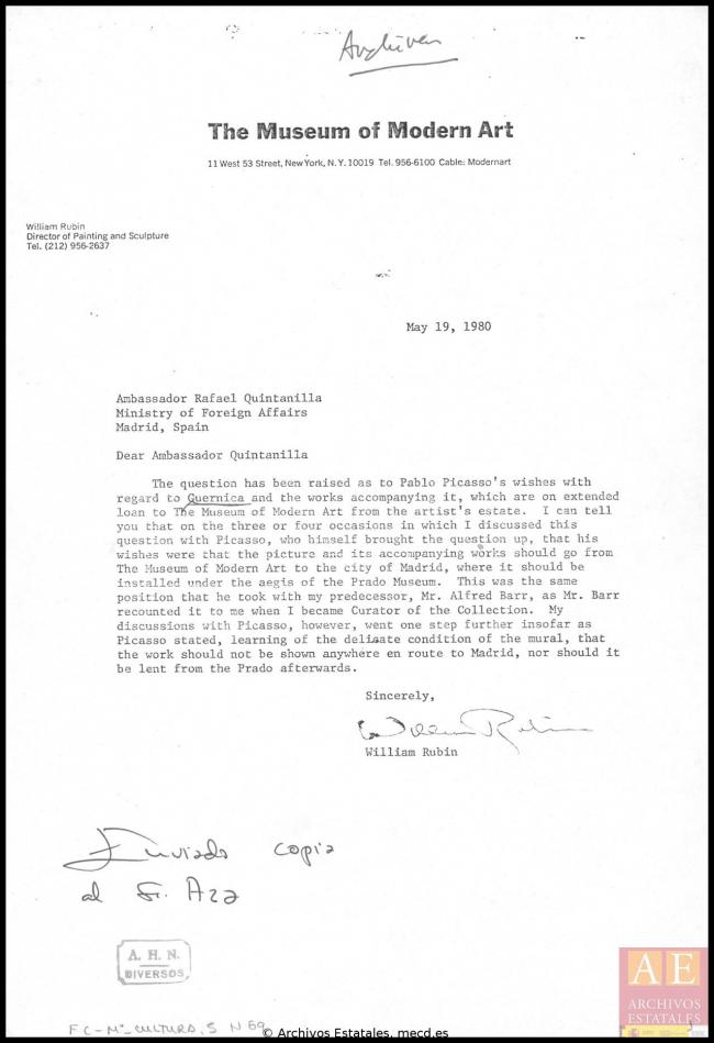Carta de William Rubin a Rafael Fernández Quintanilla del 19 de mayo de 1980