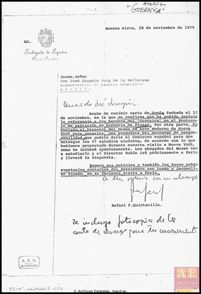 Carta de Rafael Fernández Quintanilla a José Joaquín Puig de la Bellacasa