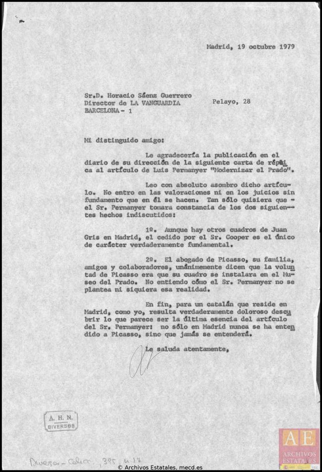 EN Carta de Javier Tusell a Horacio Sáenz Guerrero