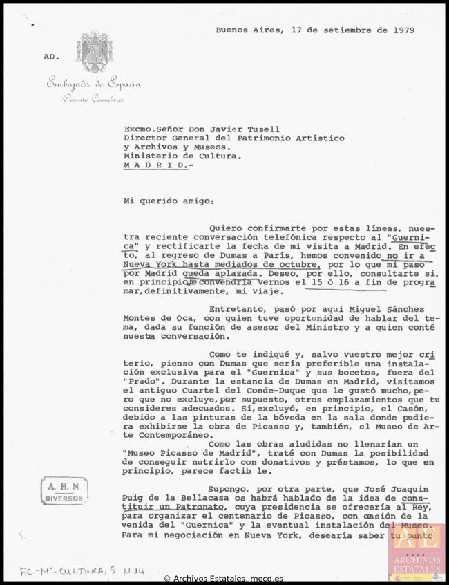 Carta de Rafael Fernández Quintanilla a Javier Tusell del 17 de septiembre de 1979
