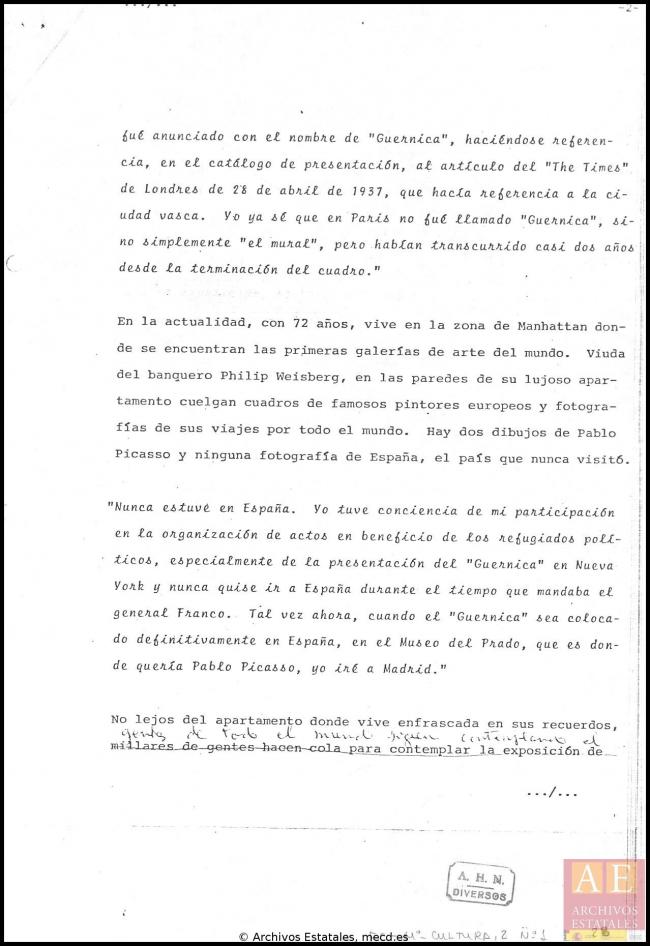 EN Comentarios a las declaraciones de Blanche Mahler sobre la llegada de Guernica a Nueva York