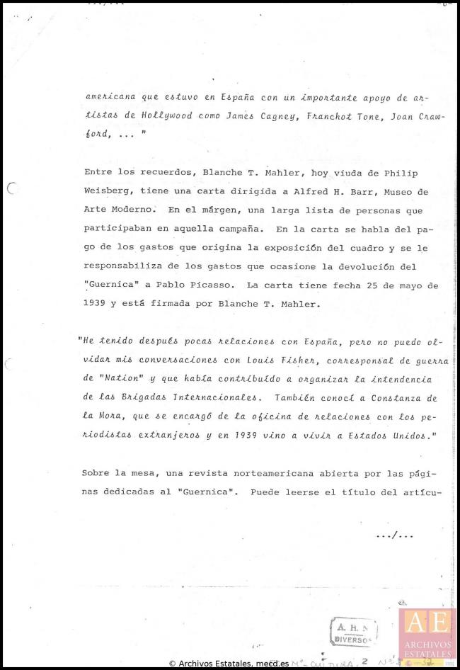EN Comentarios a las declaraciones de Blanche Mahler sobre la llegada de Guernica a Nueva York