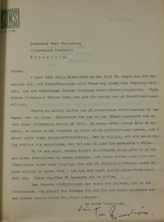 Carta de Tor Bjurstöm a Sven Strindberg del 1 de abril de 1938