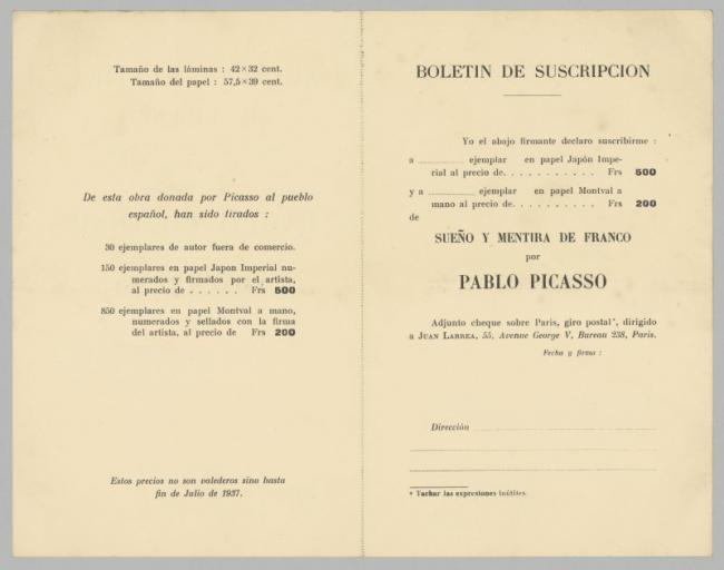 EN Boletín de suscripción por la compra de Sueño y mentira de Franco de Pablo Picasso