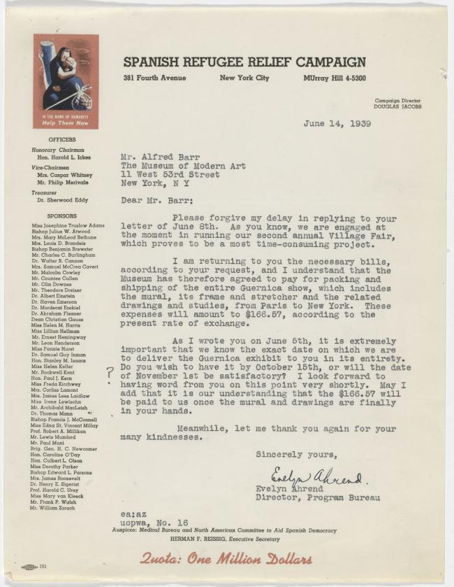 Carta de Evelyn Ahrend a Alfred H. Barr Jr. del 14 de junio de 1939
