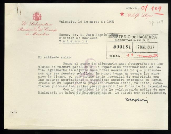 Carta de Rodolfo Llopis a Juan Negrín 