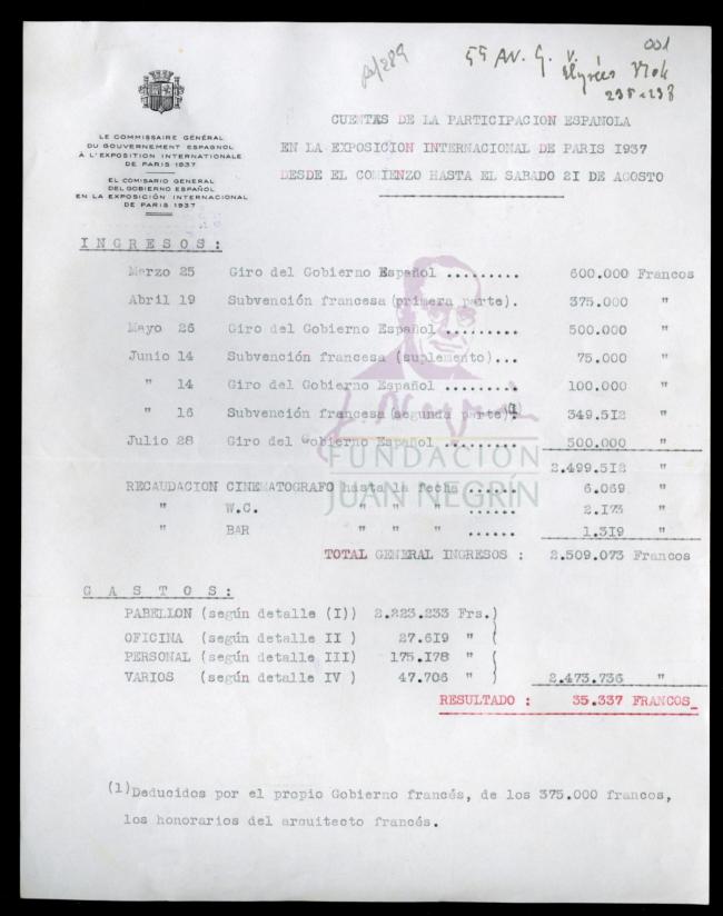 Cuentas de la participación española en la Exposición Internacional de París de 1937 desde el comienzo hasta el sábado 21 de agosto