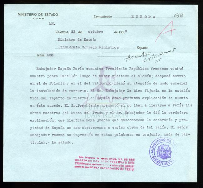 Telegrama de la Embajada de España en Francia al Ministro de Estado 
