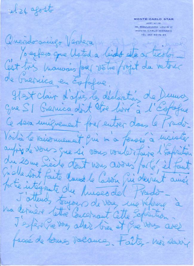 Letter from Douglas Cooper to Evelio Verdera
