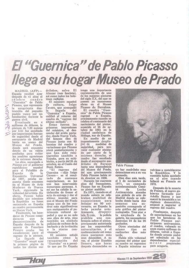 Legado Pablo Picasso: dossier de prensa e instalación del Guernica en el Casón del Buen Retiro