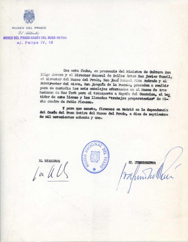 Acta de recepción de Guernica, su bastidor y las obras relacionadas