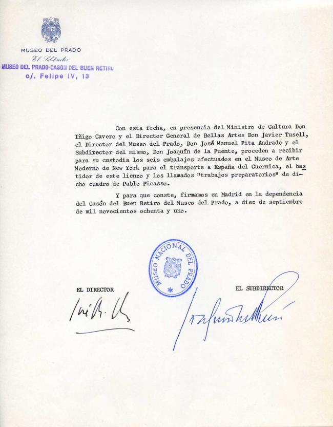 Acta de recepción de Guernica, su bastidor y las obras relacionadas