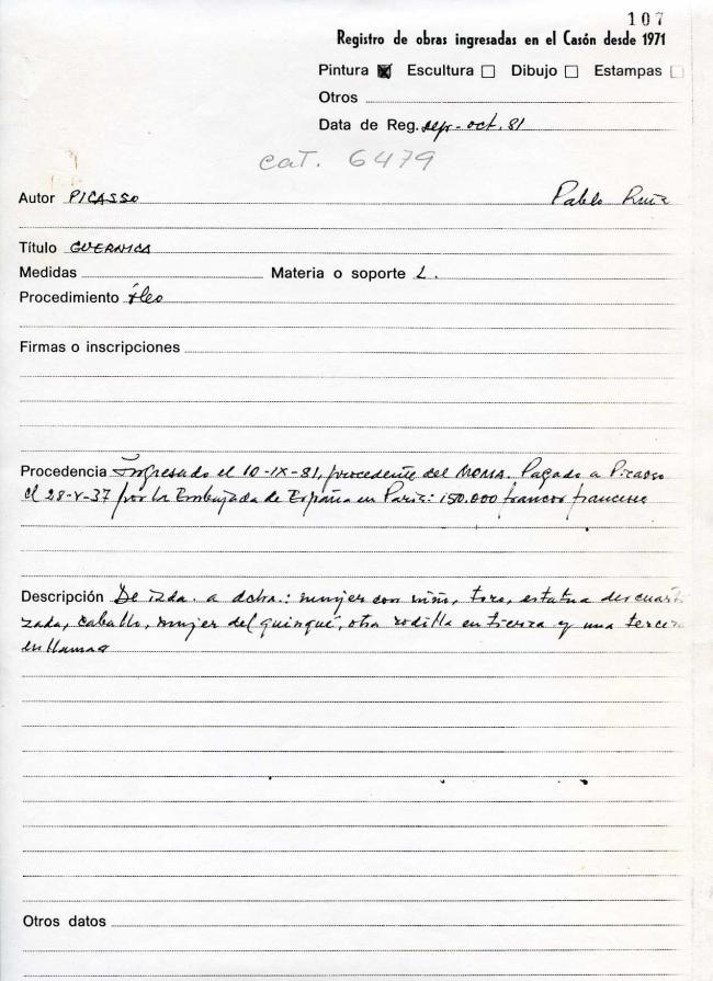 Ficha de registro de las obras de Picasso ingresadas en el Casón, entre ellas Guernica