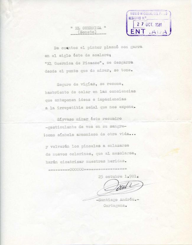 Diez cartas, telegramas y algunos poemas enviados como felicitación por la incorporación de Guernica de Picasso al Museo del Prado