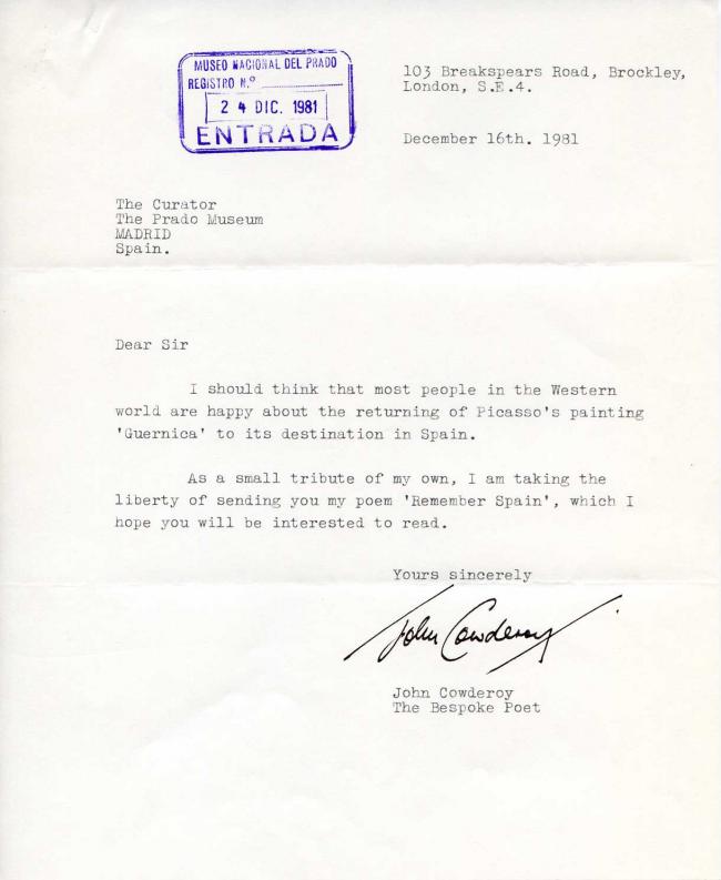 Diez cartas, telegramas y algunos poemas enviados como felicitación por la incorporación de Guernica de Picasso al Museo del Prado