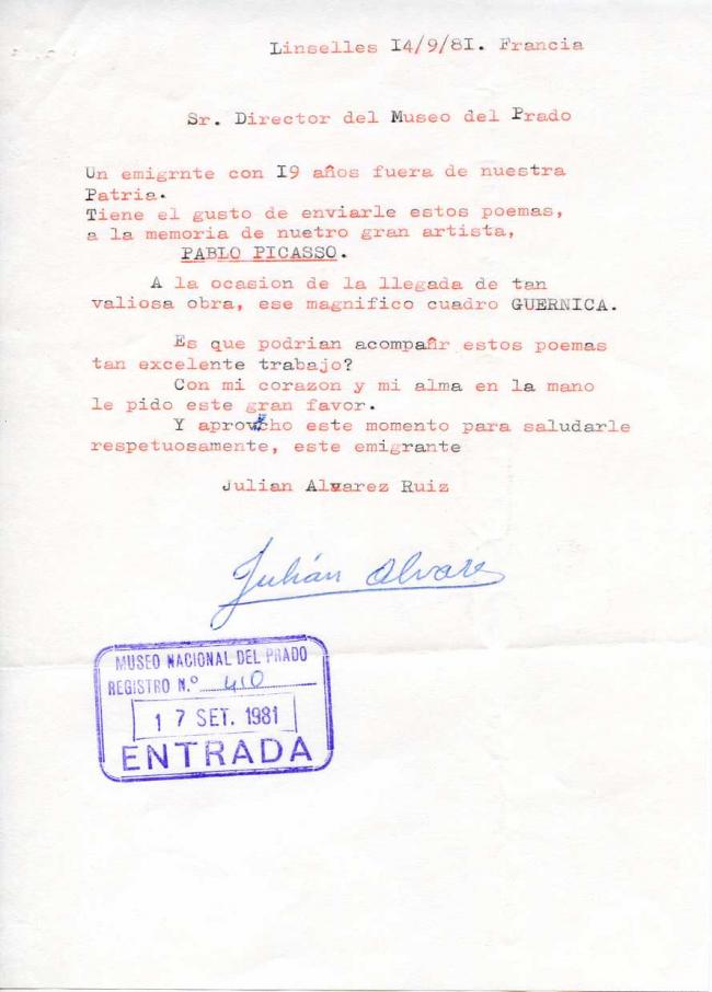 Diez cartas, telegramas y algunos poemas enviados como felicitación por la incorporación de Guernica de Picasso al Museo del Prado