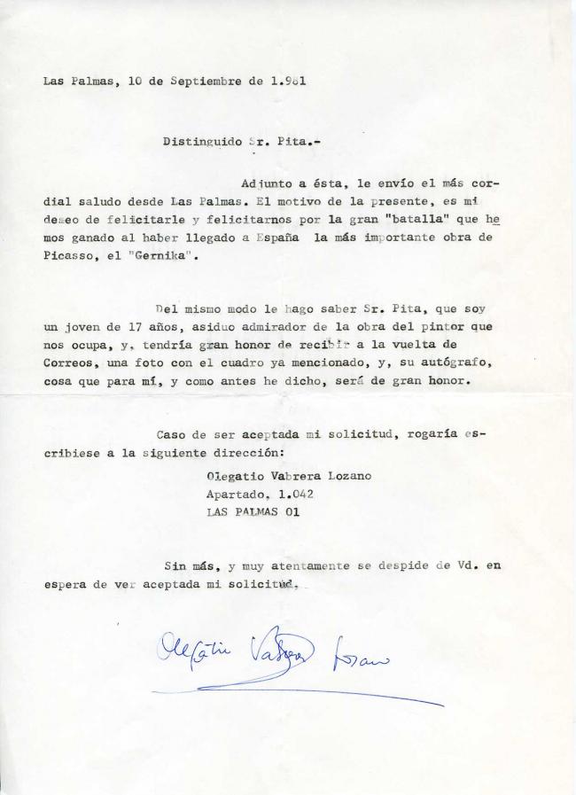 Diez cartas, telegramas y algunos poemas enviados como felicitación por la incorporación de Guernica de Picasso al Museo del Prado