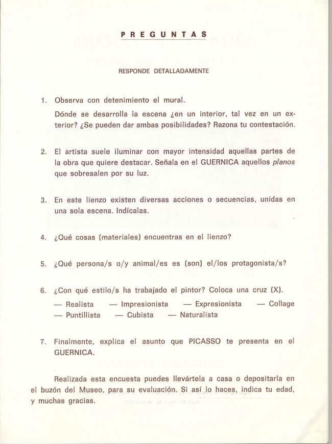 Hoja didáctica de la Sección de Arte Siglo XIX, Legado Picasso, Guernica, elaborada por el Gabinete Didáctico