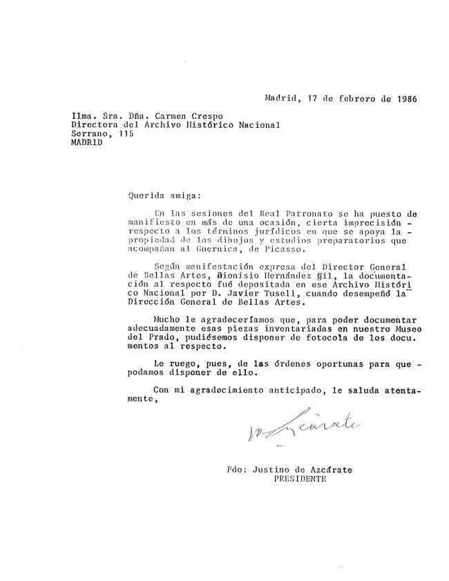 Carta de Justino Azcárate a Carmen Crespo