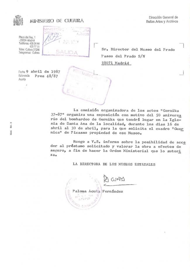 Correspondencia sobre los actos de conmemoración Gernika 37-87