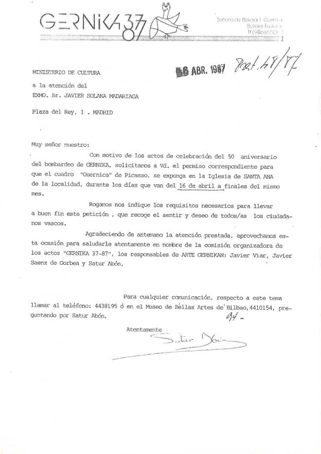 Correspondencia sobre los actos de conmemoración Gernika 37-87