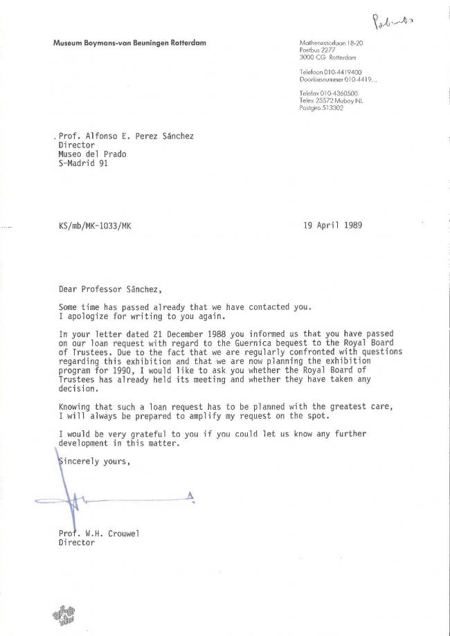 Correspondencia sobre el proyecto de exposición sobre Guernica del Museum Boymans-van Beuningen de Róterdam