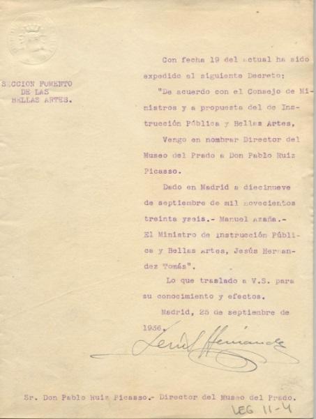Carta de Jesús Hernández Tomás a Pablo Picasso