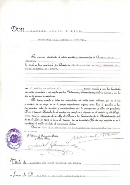 Acta de nombramiento de Pablo Picasso como director del Museo Nacional del Prado